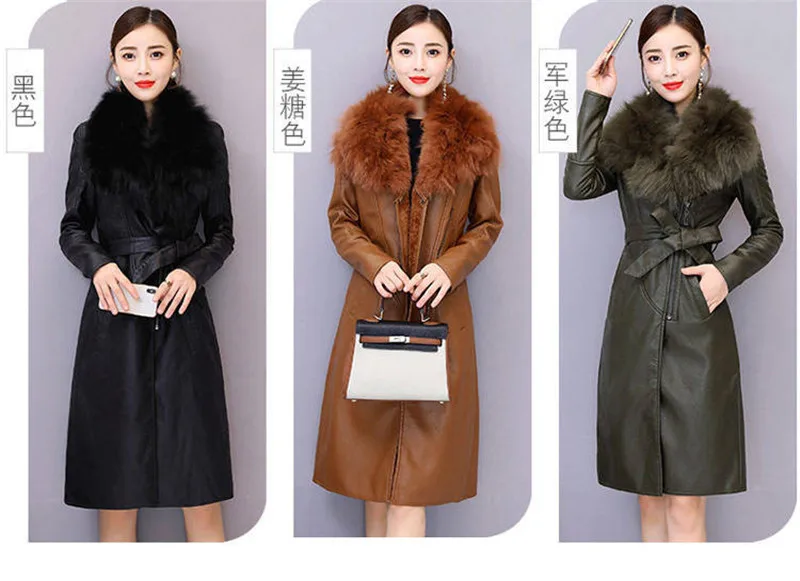 Big Fur Collar PU leather Jacket Autumn Winter Velvet Thicken Soft Faux PU leather Coat Women Korean Long Overcoat 4XL 2356