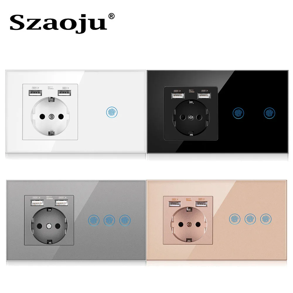 Szaoju EU Touch Switch Wall Lamp Switch USB Socket With USB LED Switches 1/2/3 Gang 1Way Crystal Panel Dark Blue Backlight