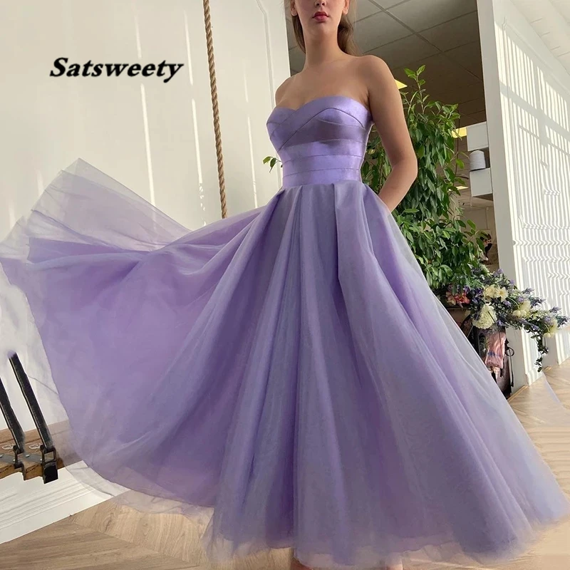 

Hot Sale Purple Satin and Tulle Short Prom Dress Elegant A-Line Sweetheart Evening Dress Sleeveless Party Dress with Pockets