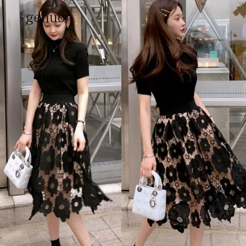 

Summer Skirt Women Gauze Peng Peng Skirt Casual Knee-Length Elegant Fashion Embroidery Crotch Lace Skirt Party Skirt