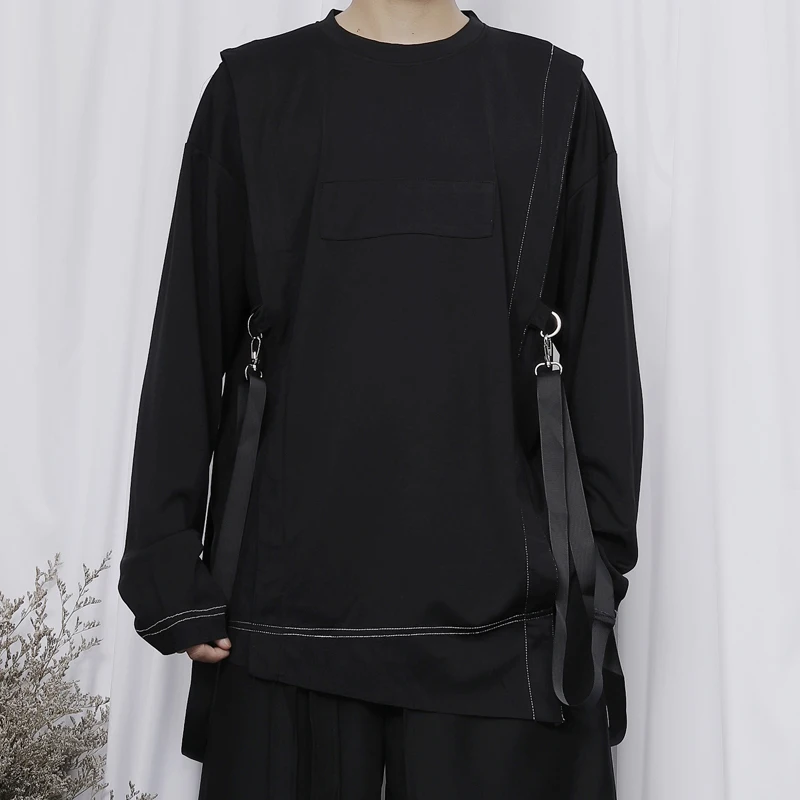 Men's new dark men's long-sleeved T-shirt with asymmetrical bottom edge white line design of casual and loose large size T-shirt