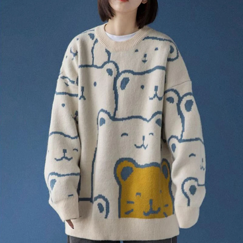 Autumn Winter Bear Print O-neck Long Sleeve Pullover Knitted Korean Couples Loose Knitted Sweater Casual Warm Oversized Sweater