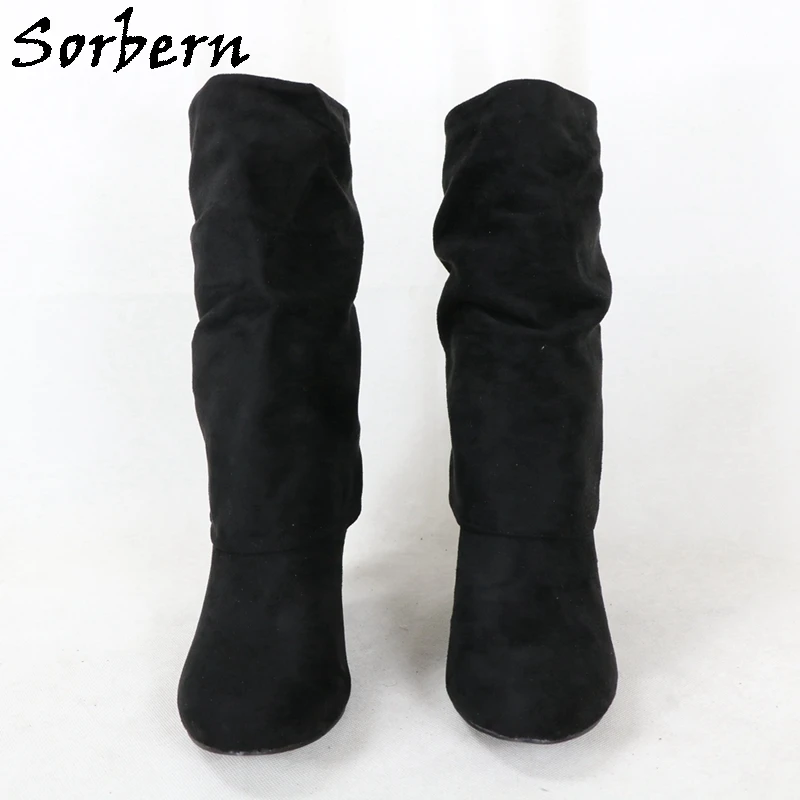 Sorbern Black Faux Suede Boots Women Slip On Wide Ankle Kitten Heels Made-To-Order Size 44 Lady High Heel Shoes Ankle Booties