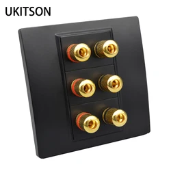 Black Color 3 Ports Speaker Faceplate 6 Golden Acoustics Wire Plugs Connector Hifi Outlet Sound System Wall Panel 86x86mm