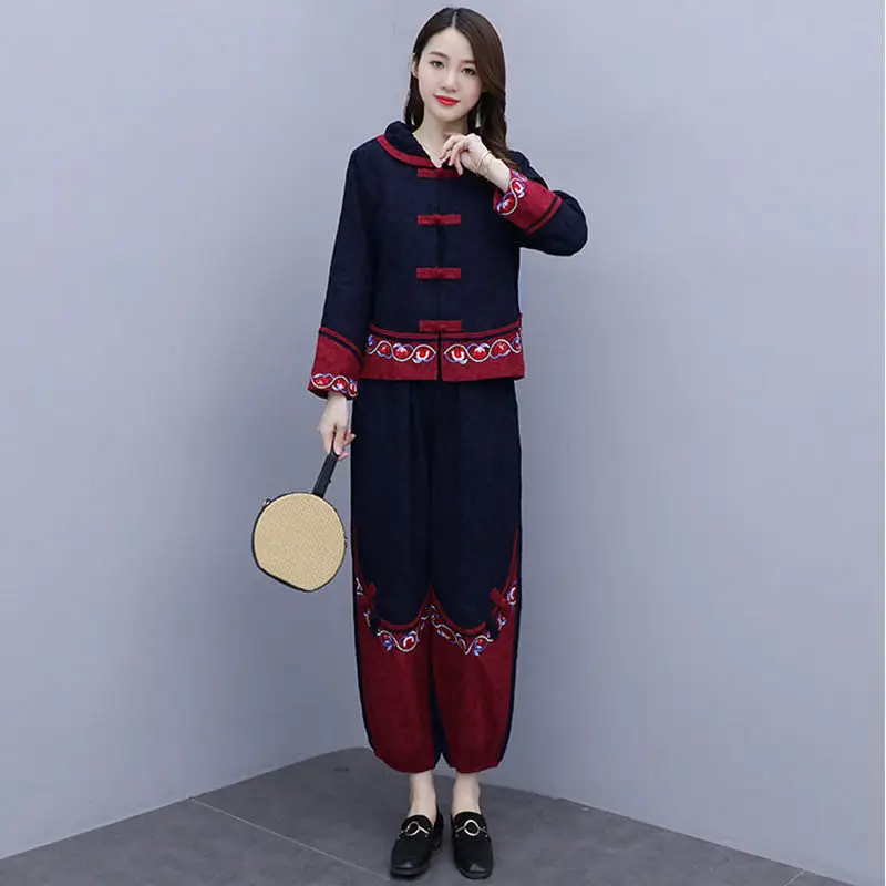 2024 Retro Embroidered Cotton linen Two Piece Set Women Long Sleeve Coat+Tang Suit Lantern Pants Suit Female Pants Set 5XLC1437