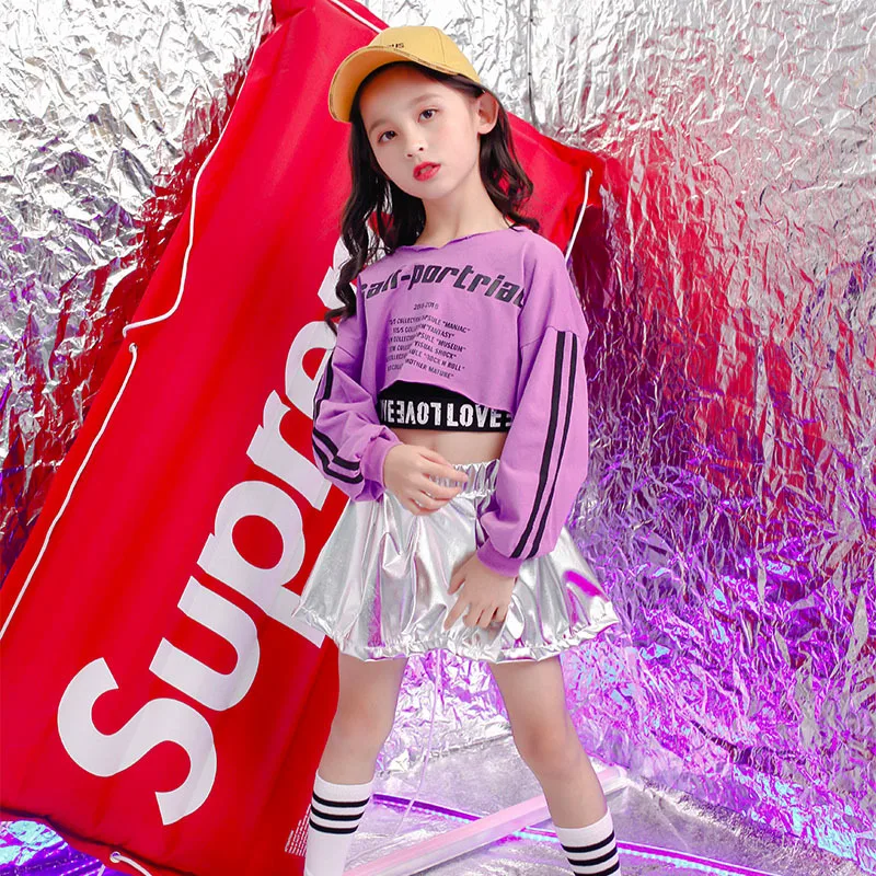 

Girls Hip Hop Crop Top Kids Purple Sweatshirt Silver Mini Sequin Skirt Street Dance Clothes Sets Child Costume Streetwear Outfit