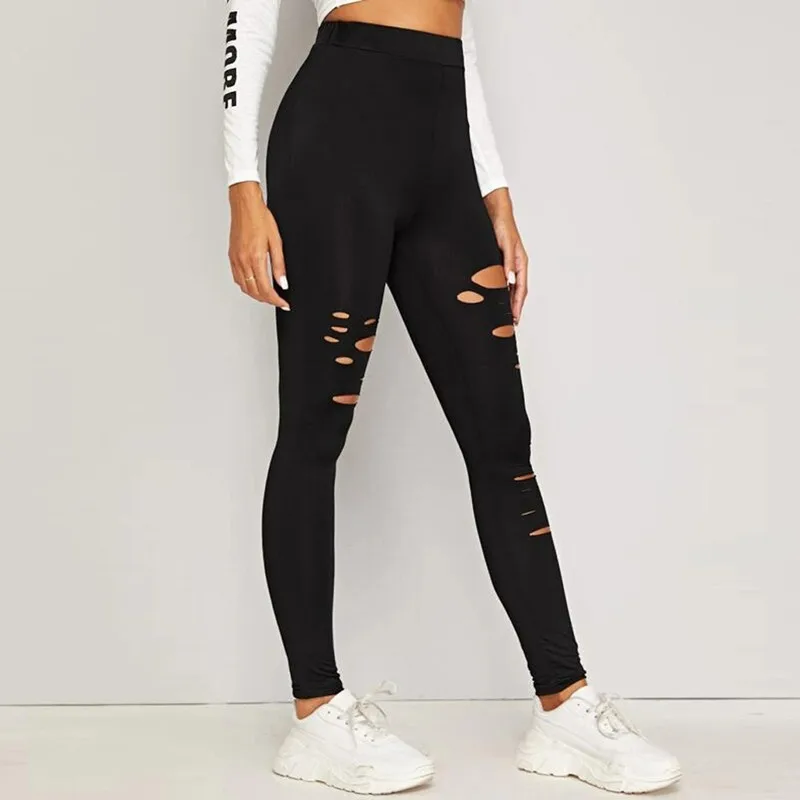 

Women Hole Skinny Leggings Solid Sports Jogging Pencil Pants High Waist Fitness Yoga Legging Sweatpants Gym Seamless Leggings