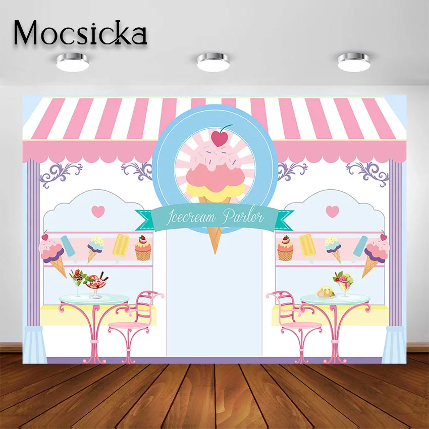 Mocsicka Ice Cream Parlor Shop Backdrop Sweet Candy Princess Girl Baby Birthday Photography Background Party Decoration Banner