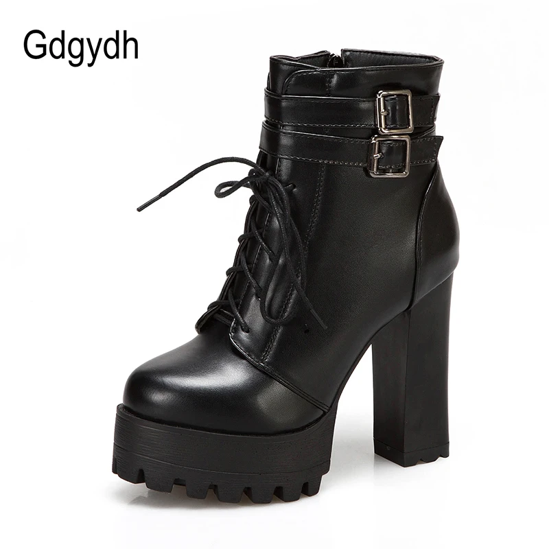 Gdgydh 2022 New Fashion PU Lacing High Heel Boots Women Thick With Belt Buckle Ankle Boots Square Heels Bare Foot Shoes White