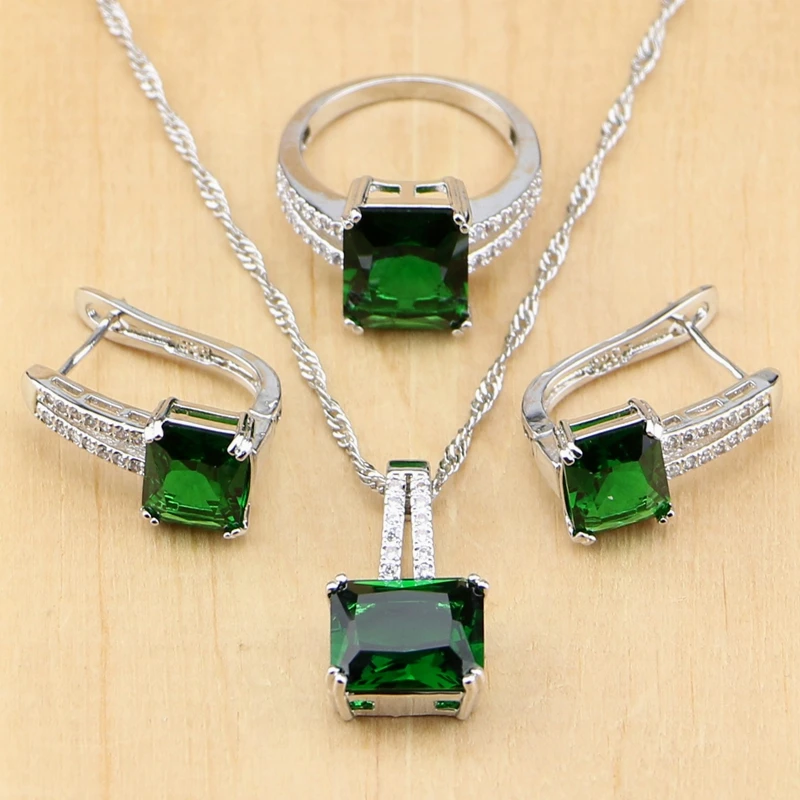 Square Green Cubic Zirconia White Zircon Beads 925 Sterling Silver Jewelry Sets For Women Wedding Earrings/Pendant/Necklace/Ring