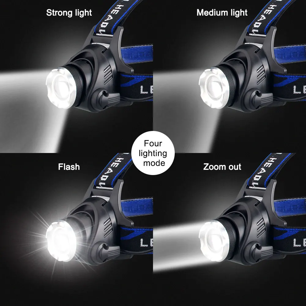 3 Modes 200-500 Meters LED Zoomable Strong USB Charging Headlamp Adjustable Head-mounted LED Fishing Headlight 18650 Battery