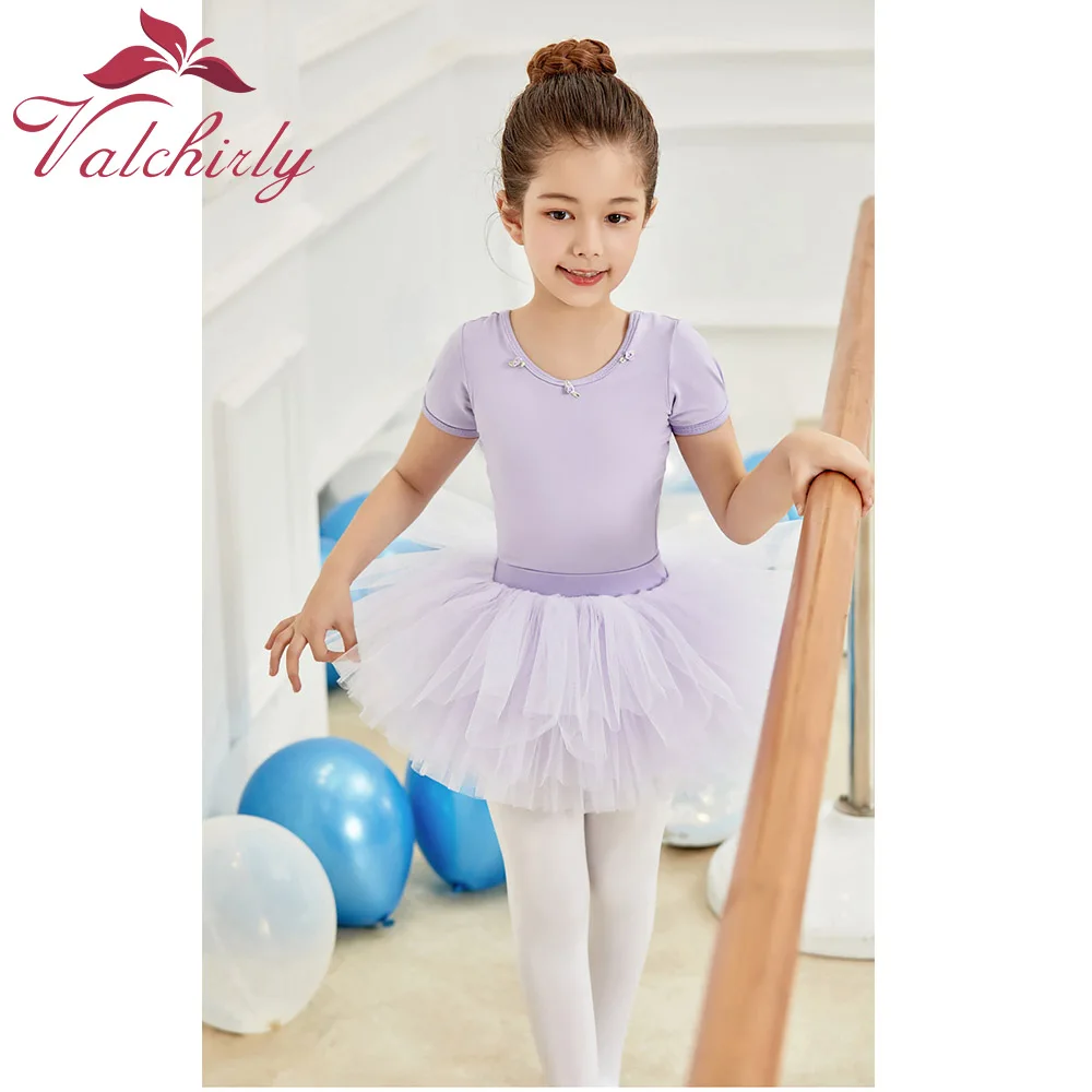 VALCHIRLY Kids Cotton Practice Test Grading Body Suit Short-Sleeved Dance  Children\'s Ballet Skirt