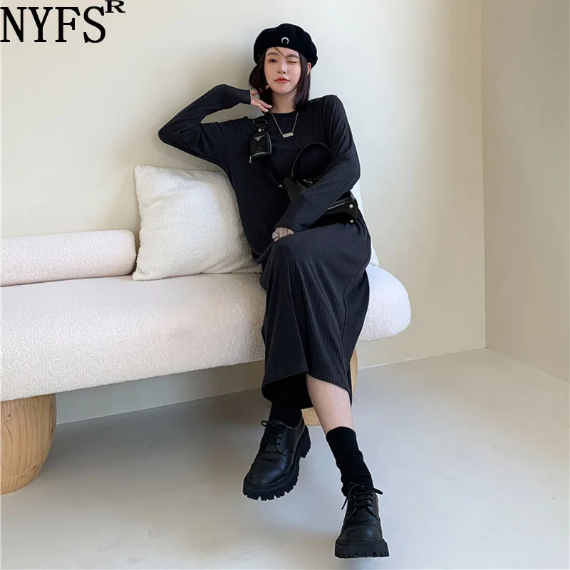 

NYFS 2024 Autumn New Korea Woman Dress Loose Solid Pleated Cotton Vestidos Robe Elbise Fashion Long Sleeve Long Dresses