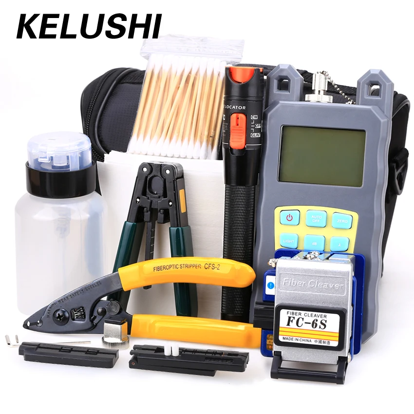 

KELUSHI 21 in 1 Optic FTTH Tool Kit with FC-6S Fiber Cleaver Optical Power Meter 10km Visual Fault Locator Wire Stripper