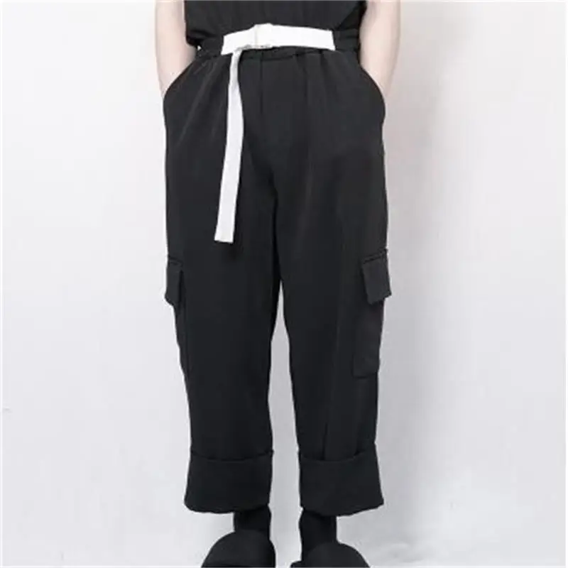 Men's Cargo Pants Spring And Autumn New Personality Roll Edge Pocket Decoration Leisure Loose Large Size Nine Minutes Pants