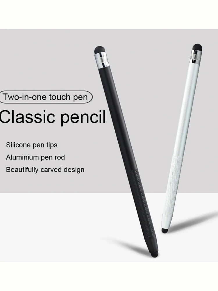 Caneta capacitiva 2 em 1 de silicone duplo para celular com design gravado