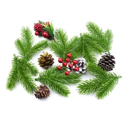Plantas artificiales para álbum de recortes, decoración navideña para el hogar, coronas de flores, aguja de pino de plástico, regalos Diy, 5/10 piezas