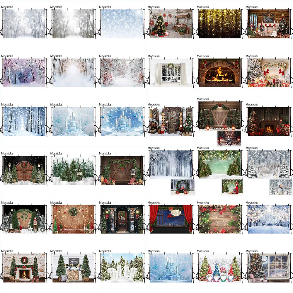 Photography Backdrop Snow Winter Christmas Portrait Photoshoot Props Christmas Living Room Fireplace Pine Tree Decoration X-mas