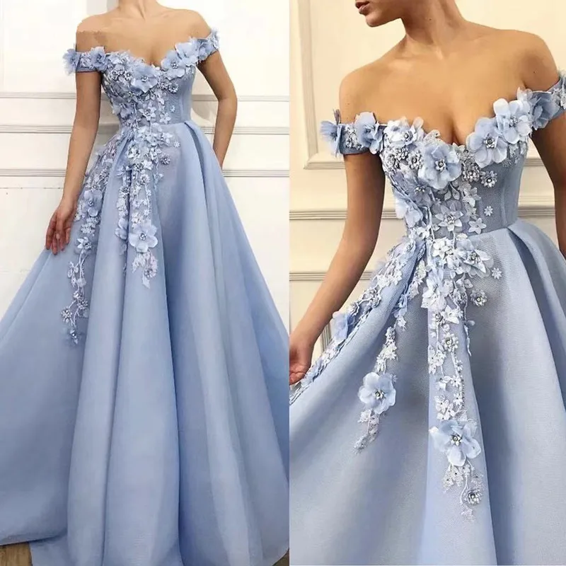 Licht Blau Off Schulter Tüll Prom Kleider Frauen Formale Party Nacht Lange Vestidos De Gala Appliqus Blumen Elegante Abendkleider