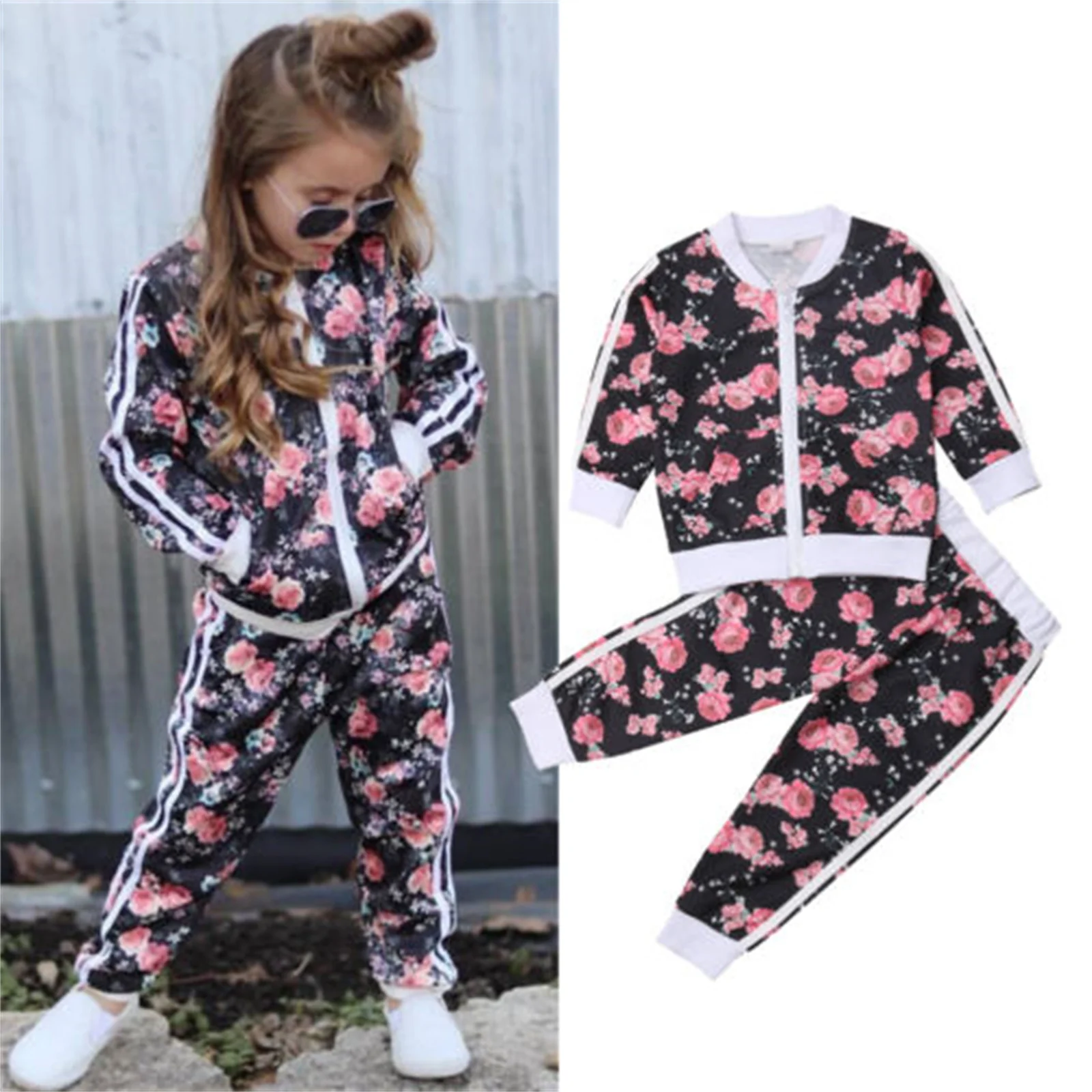 

Autumn Spring Kids Baby Casual Floral Print Clothes Set Toddler Girls Long Sleeve O-Neck Zip-Up Tops + Elastic Waist Long Pants