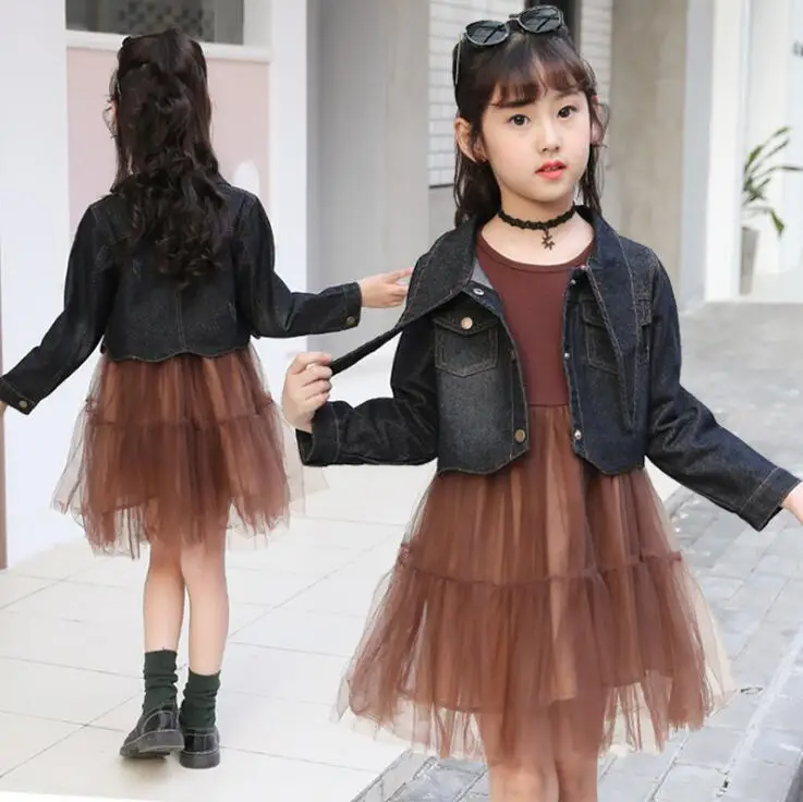 

2 Pcs Clothing Set For Kids Girl Jeans Tops Jacket + tutu dress 2023 spring Girls Outfits ensemble fille For 6 8 10 12 14 Years