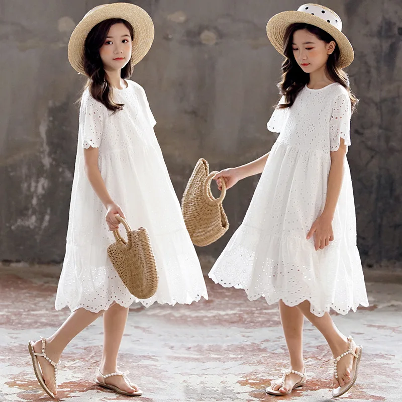 2024 Summer hollow Dresses White kid baby party mesh princess Girls Mid Long lace Patchwork Teenager dress 6 8 to 10 12 14 Years