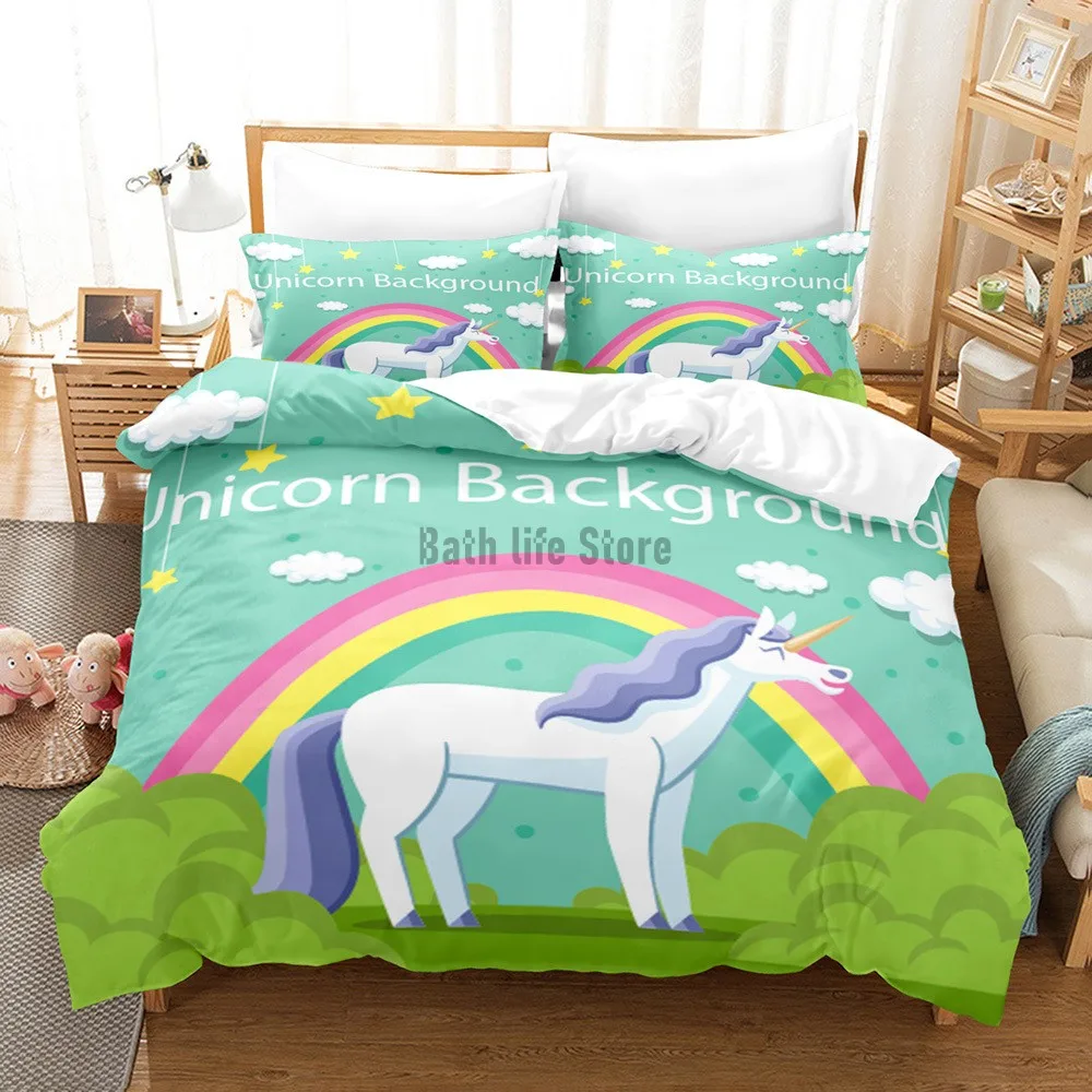 Hot Kids Bedding Set Pink Lucky Unicorn Bedding Set Animal Print Duvet Cover Set Queen King Size