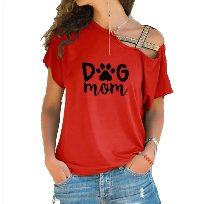 Dog Mom Print T Shirt Ladies Casual Letter  T-shirt Summer Casual Irregular Skew Cross Bandage Tops Tee