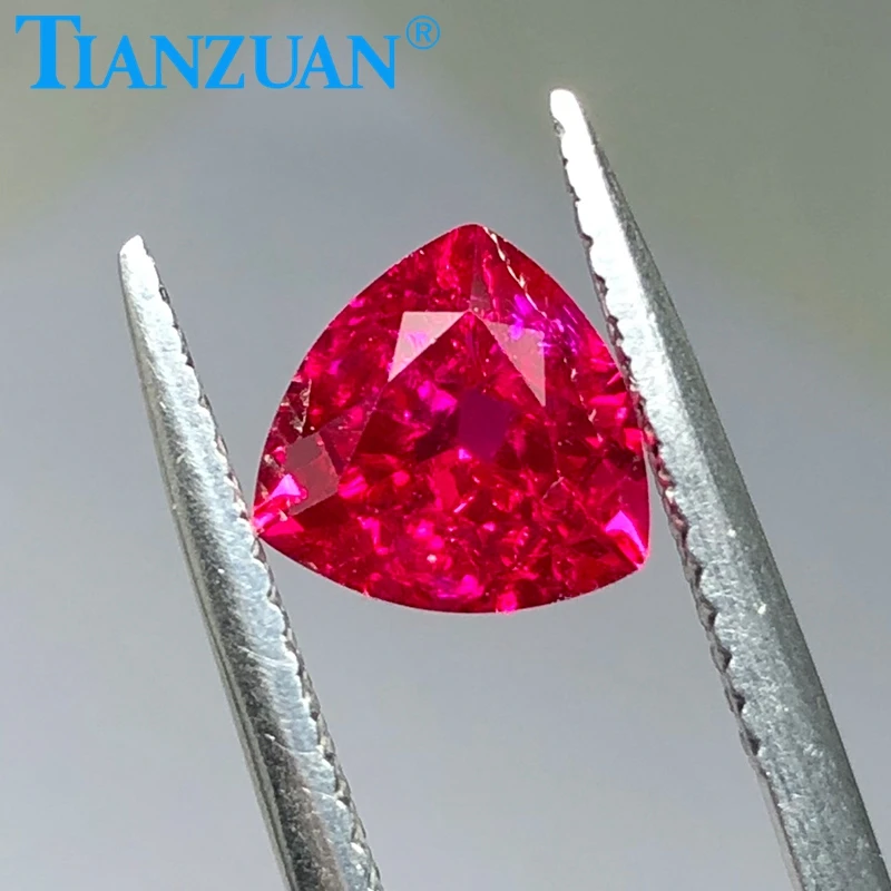 

Lab Grown Ruby Gemstone Trillion Shape Natural Cut Red Color Artificial Ruby Stone with Cracks and inclusions loose stone