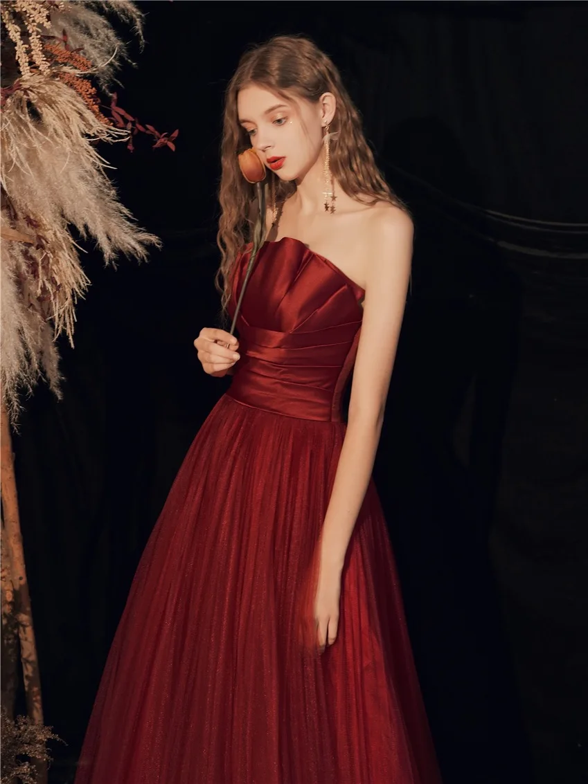 Toast Dress Burgundy Elegant Tube Top Long 2020 Bride Wedding Dress Slim Banquet Evening Dress Women Night Dress