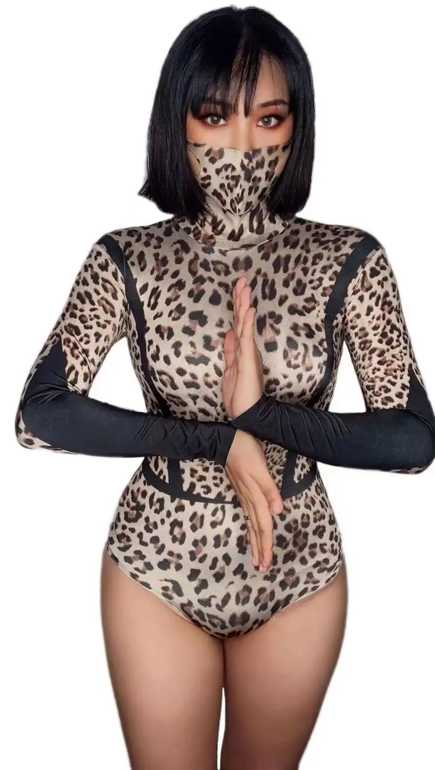 

Up party costume Leopard print strap face mask one-piece nightclub bar lead dancer carnival dress