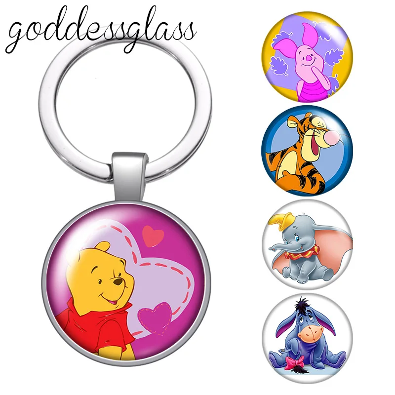 Disney Pooh Winnie Piglet Tigger Eeyo Round glass cabochon keychain Bag Car key chain Ring Holder Charms keychains for Kids gift