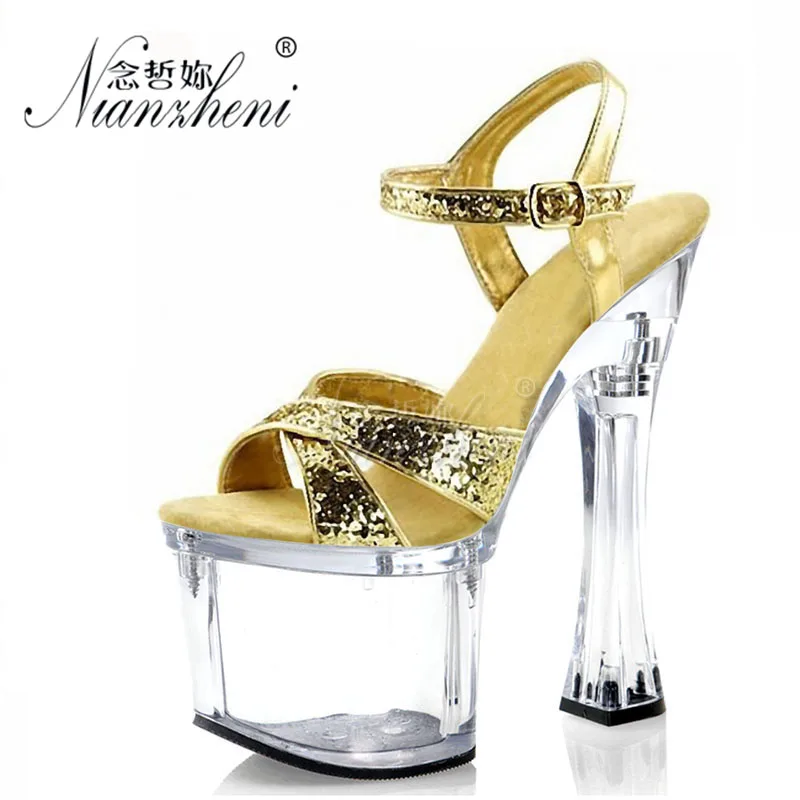 

7 inches Super High heeled shoes Crystal Platform Coarse heel Flash powder Bling Small Size Women's Sandals Party Shallow Models