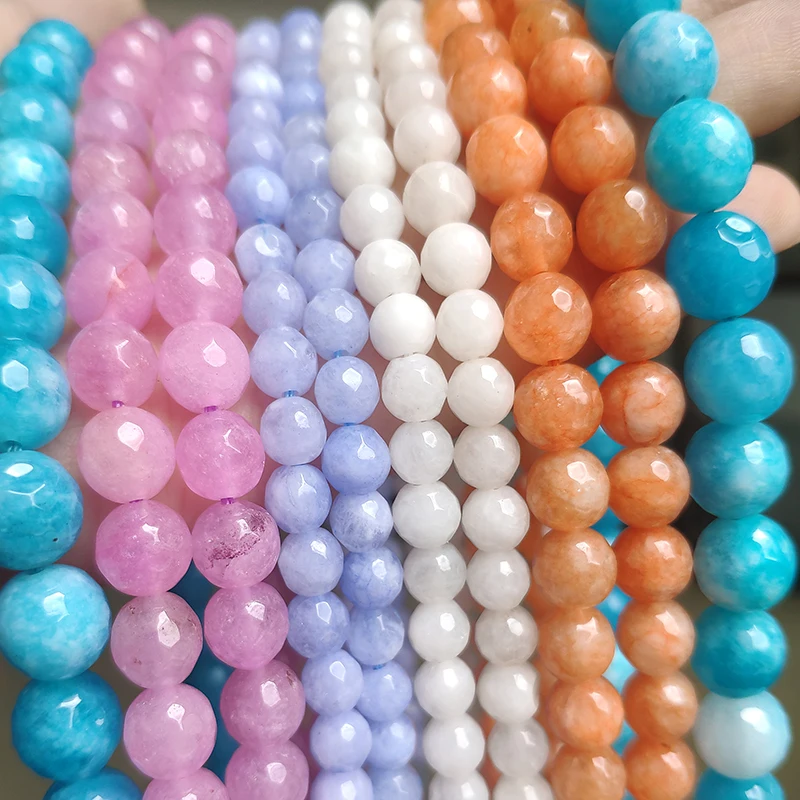 Natural Jades Stone Bead 4-12mm Faceted Purple Blue Chalcedony Round Loose Beads for Jewelry Making DIY Bracelet Accessories 15\'