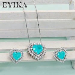 EYIKA Romantic Heart Paraiba Tourmaline Zircon Necklace Earrings Jewelry Set For Women Luxury Wedding Engagement Valentine's Day