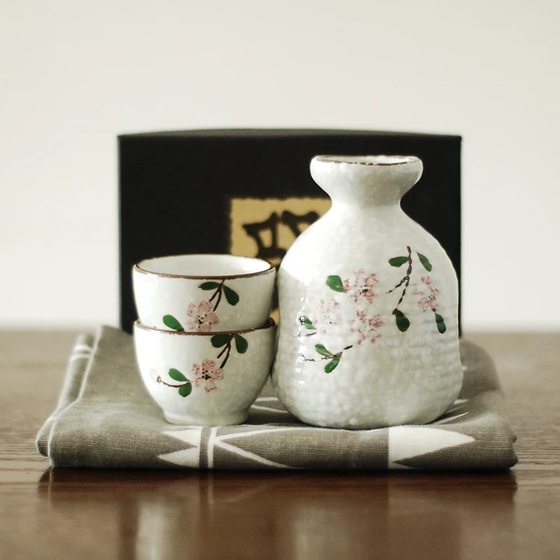 Japanese Korean ceramic sake warm bottle cherry blossom liquor cup pot tray gift box set Chinese white wine barware sakura