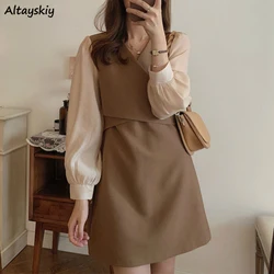 Women Long Sleeve Dress Patchwork Panelled Elegant Slim Fit Irregular Lace Up Mini Dresses Female All-match Ins Chic Tender New