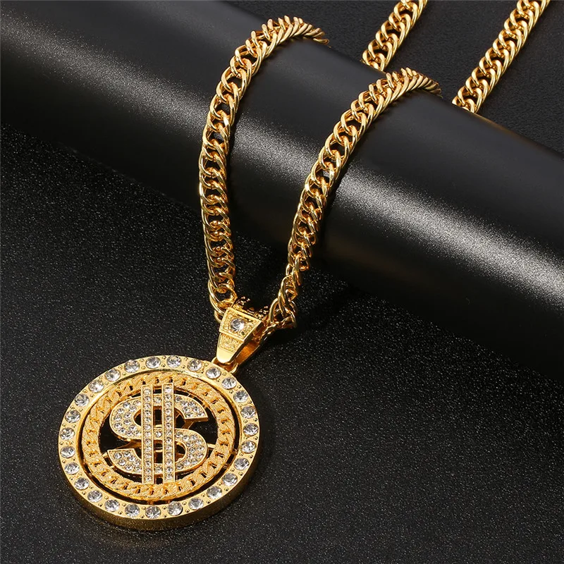 Hip Hop Gold Silver Color Rotating Dollar Pendant Long Necklace Rhinestone Men Boy Jewelry Rotating Disc Necklace Accessories