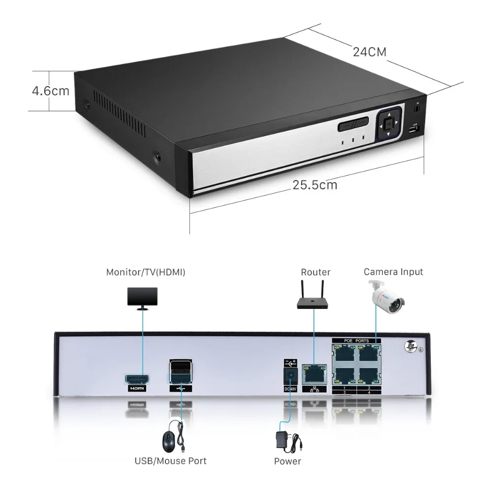 H.265 4K 8MP Security POE NVR 4ch 8ch 48V CCTV IP Network Video Recorder Face Detection XMEye APP For POE IP Camera System