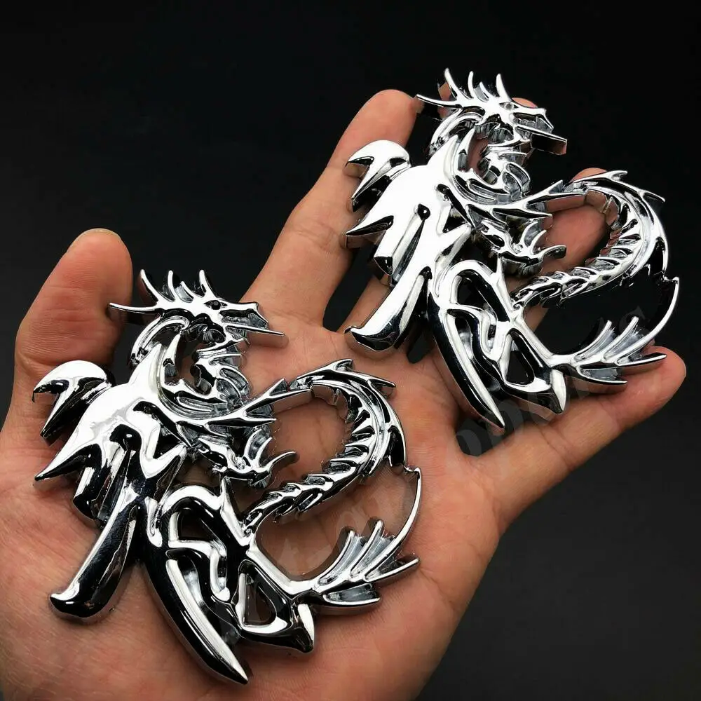 2pcs Big Metal Chrome Chinese Dragon Character Car Emblem Badge Sticker Decal