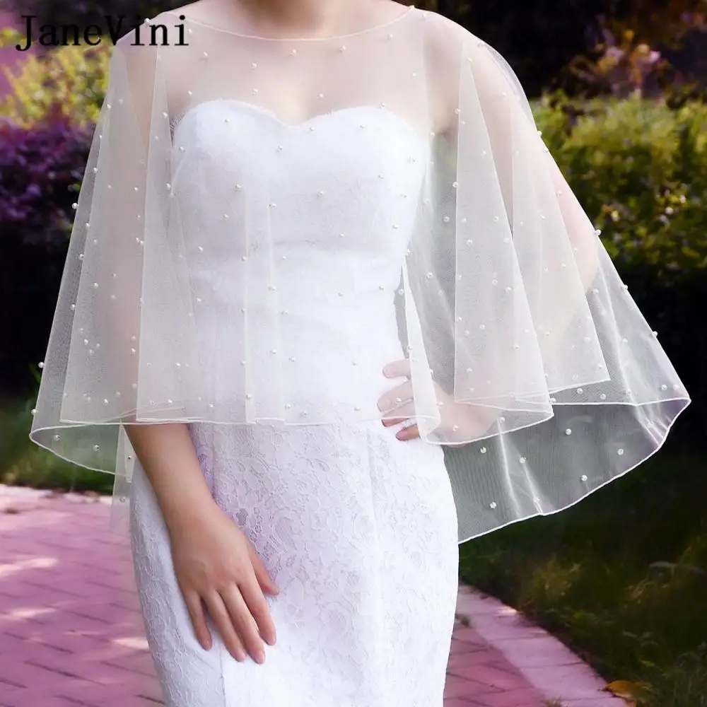 JaneVini Elegant White Wedding Wraps Shawls Tulle Bridal Cloak Pearls Short Wedding Bolero Cape High Low Women Evening Jackets