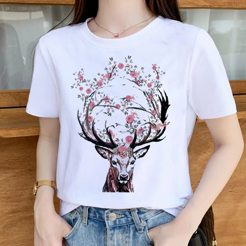 Antelope head flower Tshirts White Top T Shirt Summer Aesthetics Graphic Short Sleeve Polyester T Shirts Female Camisetas Verano