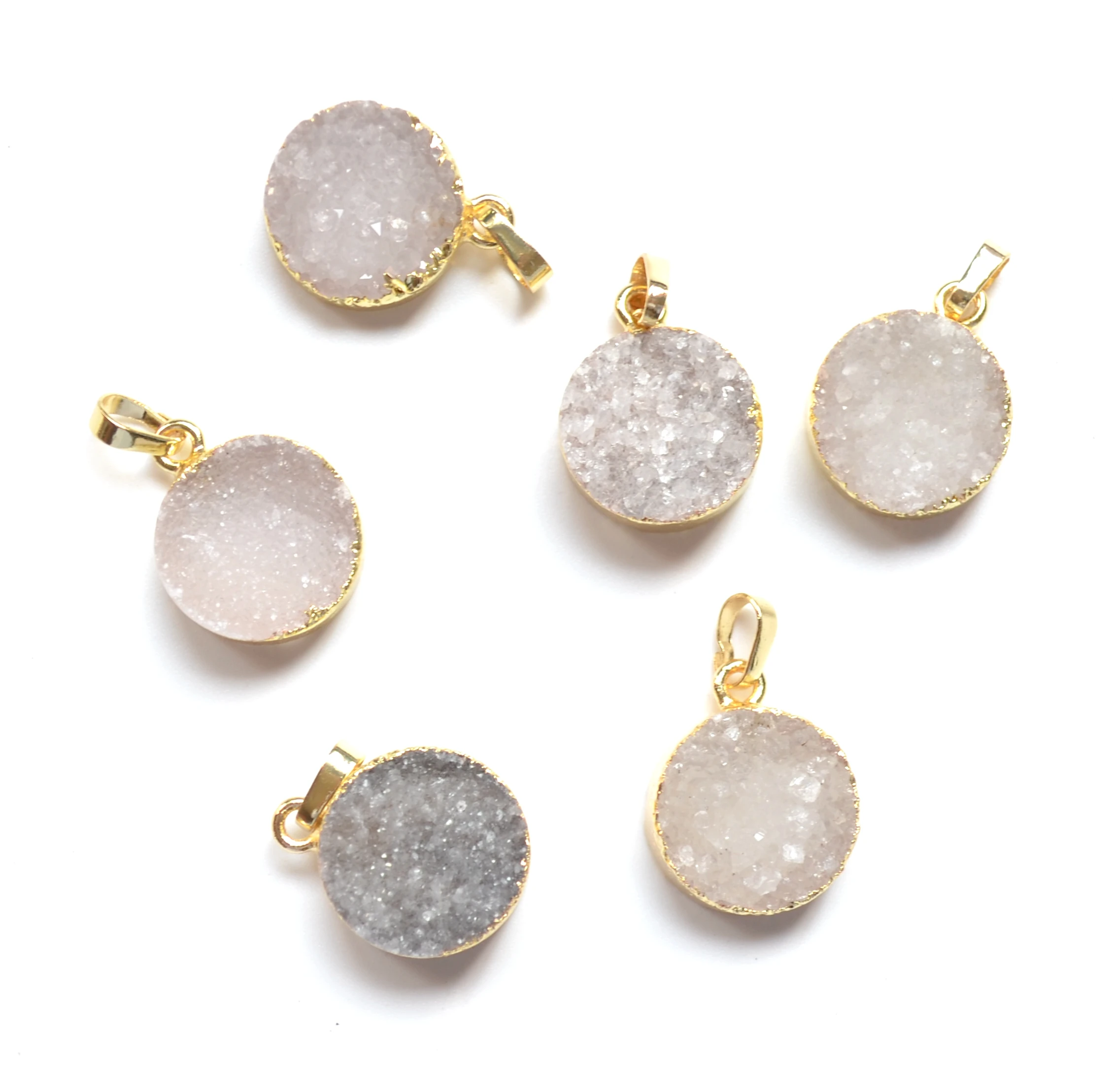 New 15 mm white round druzy pendants with Electroplated gold edges