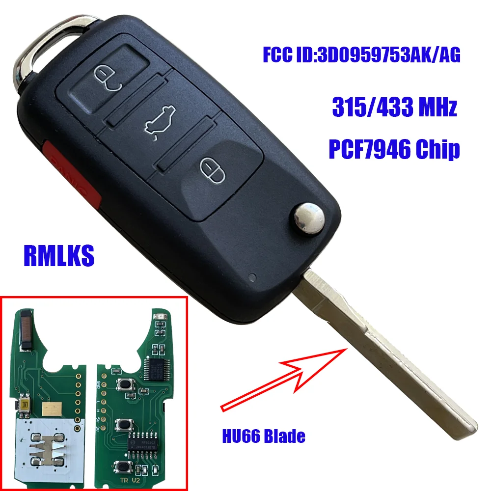 

4 Button Remote Key Fob 315/433mhz For VW For Volkswagen Phaeton Touareg 2002-2010 PCF7946 Chip 3D0959753AK ID46 Chip