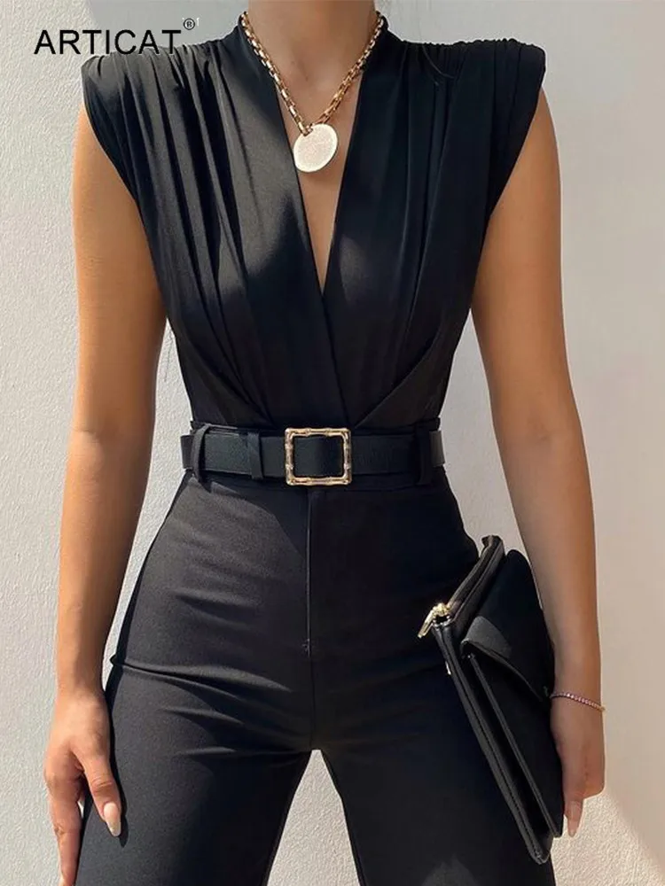 

Articat V Neck Black Rompers Women Sexy Slim High Waist Elegant Female Overalls 2022 Spring Sleeveless Bodycon Ladies Bodysuits