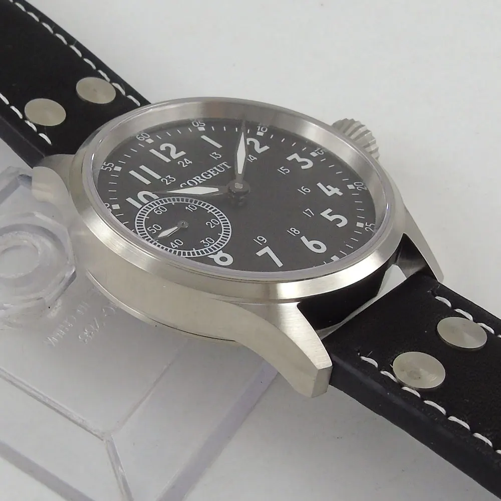 Simple Dress 44mm Hand Winding Men Wristwatch 6497 Movement Leather Strap