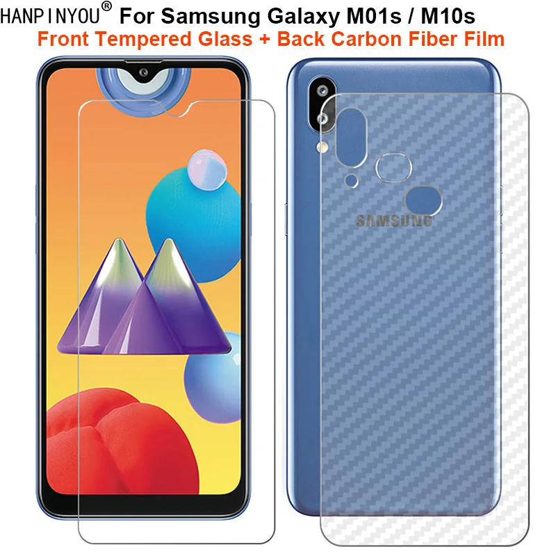 For Samsung Galaxy M01s / M10s 1 Set = Soft Back Carbon Fiber Film + Ultra Thin Clear Tempered Glass Front Screen Protector