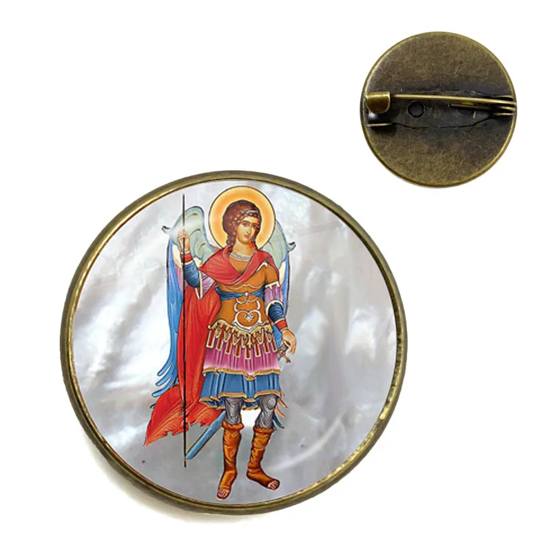 Szkło Cabochon broszka archanioł St.Michael chroń mnie Saint Shield ochrona urok rosyjski Orhodox kołnierz szpilki na święty prezent