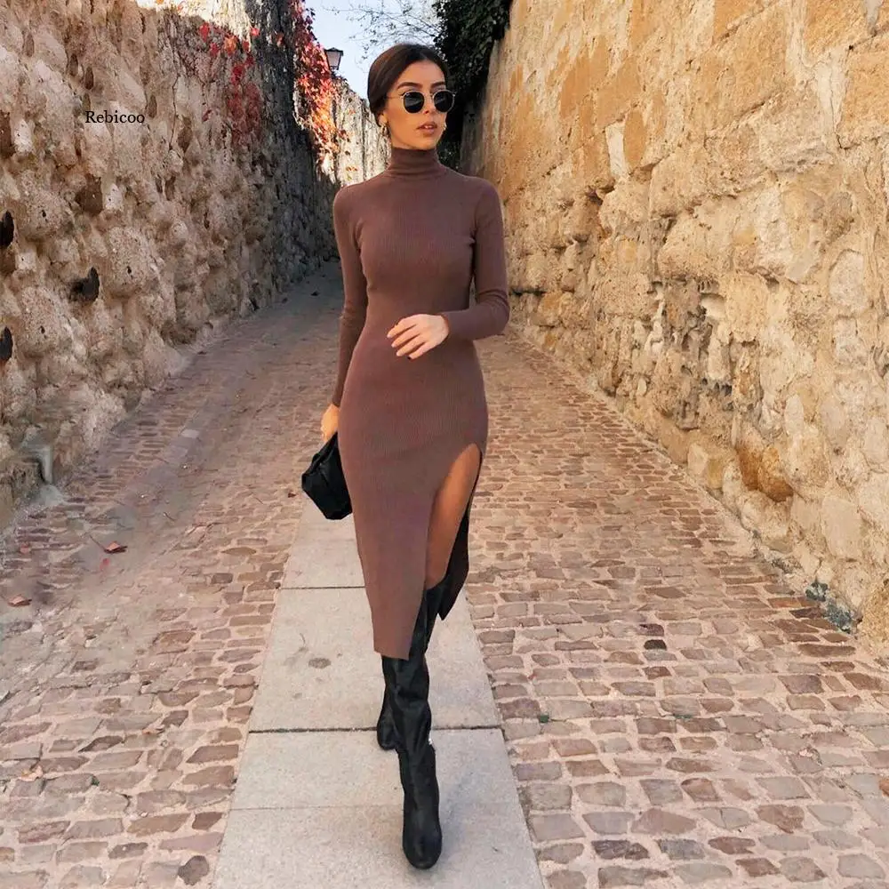 

Sexy Women Slit Dress Long Sleeves High-Neck Elastic Midi Dress Slim Elegant Lady Knit Sweater Dresses Chic Women Robe Femme
