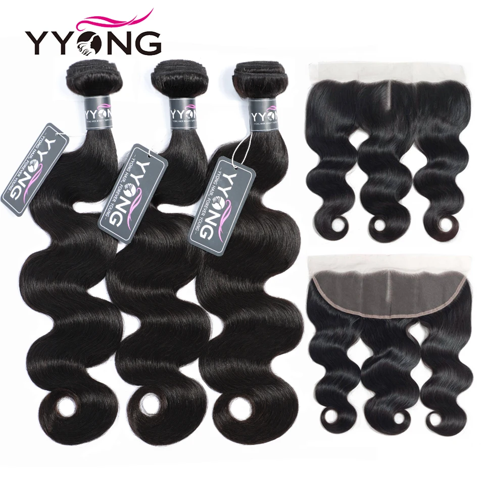 Yyong-Brazilian Body Wave Pacotes de Cabelo Humano, Transparente Lace Frontal Encerramento, Orelha a Orelha, Remy, 3 Pacotes, 4 Pacotes, 13x4